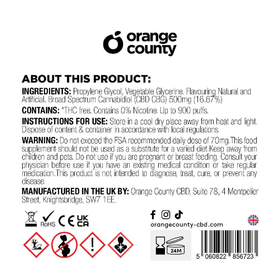 Wholesale Orange County CBD 3ml Disposable Vape Pen 250 CBD + 250mg CBG Mango Ice (10pcs/display)