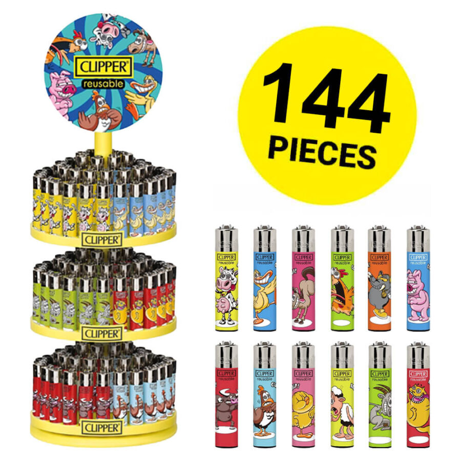 wholesale-clipper-lighters-crazy-farm-free-carousel-144pcs-display